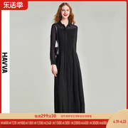 havva2024春季黑色连衣裙，女气质衬衫裙，法式雪纺长裙q48701