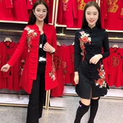 中国风红色旗袍连衣裙女本命年时尚大码两穿盘扣绣花复古冬季