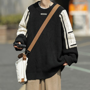 毛衣男生高级感学院日系拼色针织衫，慵懒风复古秋冬季加厚外套