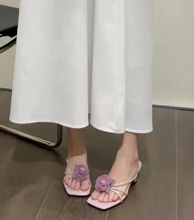 凉鞋女鞋新中式旗袍高跟鞋，复古气质紫色玫瑰花，拖鞋女外穿夏天