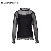 BAGPIPE/15风笛秋装两件套打底衫黑色蕾丝雪纺衫女装1Y35048