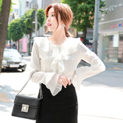 高货韩版衬衫夏季女士雪纺白衬衫长袖花边宽松大码衬衣品质直