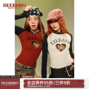 beerbro美式辣妹紧身爱心豹纹长袖，t恤女春季欧美街头撞色内搭上衣