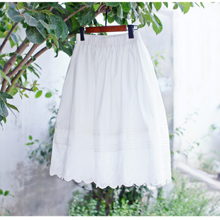 2024春夏季韩版森女森林系棉布蕾丝刺绣，花朵白色大摆半身裙长裙