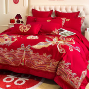 高端奢华龙凤刺绣100支全棉婚庆，四件套红色被套，纯棉结婚床上用品4