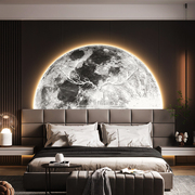 侘寂风月球卧室装饰画麋鹿，床头背景墙挂画月亮客厅半圆形带灯壁画