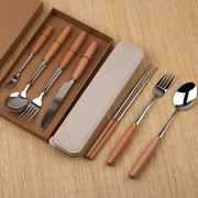 木柄西餐餐具套装牛排叉两件套不锈钢勺子筷子三四学生便携礼盒