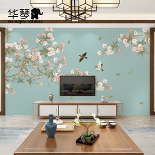 新中式花鸟大型无缝壁画定制墙纸包厢茶楼酒店卧室书房影视墙壁纸