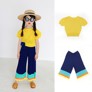 ifkids童装夏季女童儿童针织，t恤裤子，黄色镂空针织上衣短袖