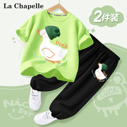 拉夏贝尔女童短袖t恤衫夏季儿童绿色夏装，2024中大童透气套装