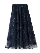 藏青色纱裙2024高端a字，高腰长裙重工3d花朵，网纱刺绣半身裙女