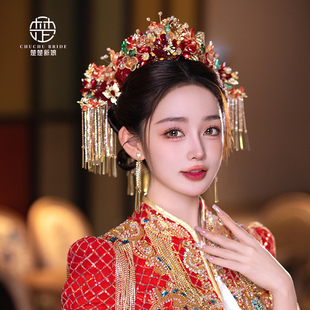 红色中式新娘秀禾服头饰大气，简约流苏龙凤褂，结婚凤冠饰品套装