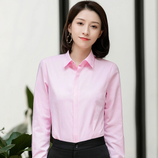 2023春季粉色衬衫女长袖商务，休闲职业工装暗门襟纯色，衬衣ol通勤防走光