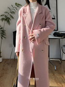 韩国高端粉色双面羊毛兔毛长款大衣西装领直筒双排扣毛呢外套女