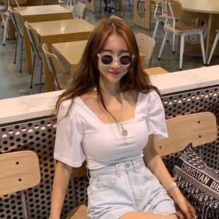 韩国女装夏装女2024INS超火显瘦性感纯色方领五分袖T恤
