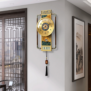 万年历2024客厅挂钟家用轻奢新中式钟表创意时钟挂墙石英钟