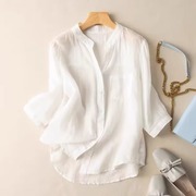 棉麻衬衫女2024夏季薄款圆领设计感小众亚麻白色七分袖衬衣女