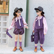 女童秋季紫色英伦风，马甲裤子套装洋气，蝴蝶结长袖天丝棉衬衫