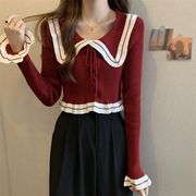 法式枣红色气质短款针织衫秋季设计感系带长袖毛衣显瘦上