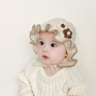 婴儿帽子可爱甜美秋冬季公主帽护耳女童毛线帽女宝宝，保暖套头帽潮