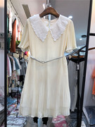娃娃领镂空刺绣连衣裙，女夏季新韩版系带修身显瘦百褶雪纺裙