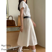 pknn韩国2023new高级感白色，高腰a字半身裙，口袋腰带宽百褶裙