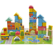 onshine62粒桶装城市交通，场景积木木制益智力儿童大块木质玩具