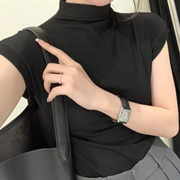 黑色半高领t恤女紧身显胸大简约气质设计感短款打底衫短袖上衣潮