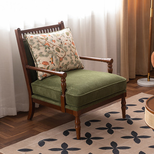 和年美家法式复古实木单人沙发，美式乡村布艺老虎椅休闲带扶手椅子