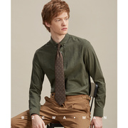 绿色磨毛衬衫男长袖潮流小领商务休闲纯棉修身橄榄绿易打理衬衣