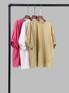 iceel原创高级感圆领衬衫，2024女夏套头(夏套头)大码休闲文艺棉麻上衣