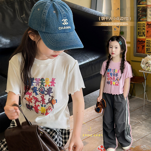 奶油kids童装女童趣味彩色印花短袖t恤2024夏季洋气儿童上衣