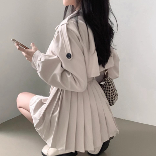 韩国chic小众复古西装领双排扣系带收腰显瘦百褶风衣连衣裙短裙女