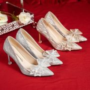 法式婚鞋女2024年婚纱新娘，鞋金色高跟鞋，蝴蝶结细跟伴娘水晶鞋