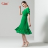 Gitti/吉蒂修身显瘦荷叶袖雪纺连衣裙花边拼接A字裙女装G202112