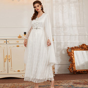 迪拜中东旅游白色蕾丝，手工缝钻长裙披风，中东晚礼服淑女仙气连衣裙