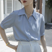 蓝色短袖雪纺衬衫女2023夏季POLO领衬衣职业装气质宽松泡泡袖上衣