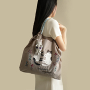 刺绣猫咪环保购物袋女士，大尺寸单肩包学生作业，手提包百搭背包