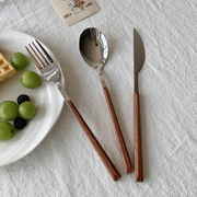 ins仿木柄不锈钢叉餐具套装甜品叉雪糕勺意粉叉家用木质西餐叉
