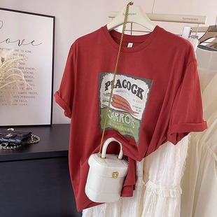 美式复古红色半袖t恤女夏季设计感小众短袖小个子正肩体恤上衣夏