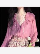 小香风高级感套装，粉色雪纺碎花，薄款荷叶边木耳边衬衫连衣裙两件套