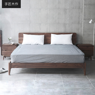 简约现代纯黑胡桃木实木床双人床1.5主卧美式轻奢家具欧式大床1.8