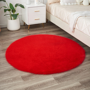 大红色地毯仿狐狸毛圆形(毛圆形，)毛绒卧室床边坐垫，北欧结婚婚房轻奢风地垫