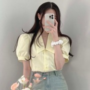 韩国chic夏季减龄复古小众设计感气质简约时尚泡泡袖娃娃领衬衫女