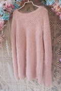 2019淡粉色圆领棒针，粗线编织松软高弹性(高弹性，)柔软毛茸茸中长款套头毛衣