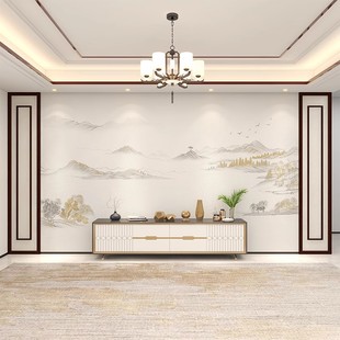 中式禅意山水壁纸电视机沙发背景墙壁纸客厅影视墙布卧室壁画