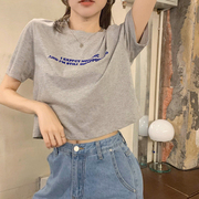 韩系设计感小众灰色字母印花减龄上衣宽松女装短款露脐短袖T恤ins
