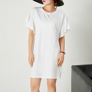 夏季韩版大码泡泡袖连衣裙短袖纯棉女装中长款宽松白色T恤裙