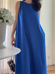 法式蓝色无袖宽松显瘦垂感背心连衣裙子夏季2023微胖女孩穿搭