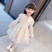 春季花边蕾丝网纱镂空公主，裙珍珠长袖娃娃，领米白色小女童连衣裙子